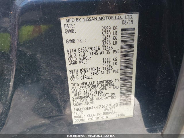 Nissan Frontier Sv 2019 1N6DD0ER4KN787339 Image 9