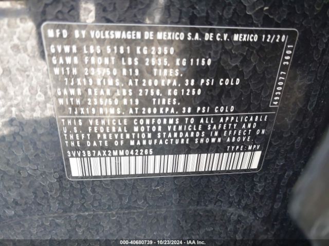 3VV3B7AX2MM042265 Volkswagen Tiguan 2.0t Se/2.0t Se R-line Black/2.0t Sel