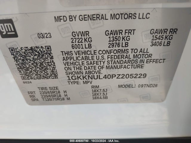 1GKKNUL40PZ205229 GMC Acadia Awd Slt
