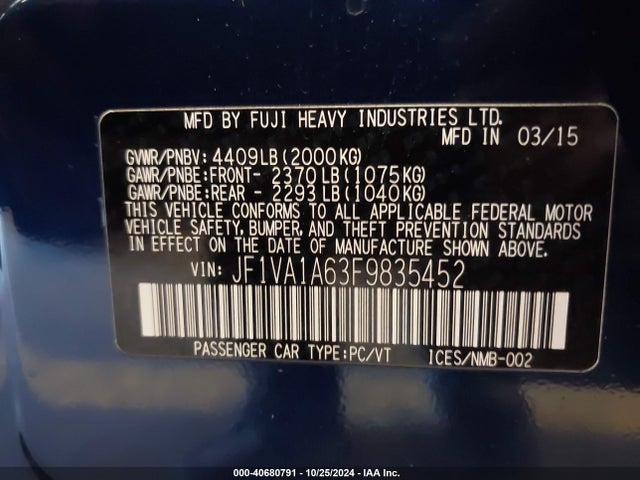 Subaru WRX 2015 JF1VA1A63F9835452 Image 9