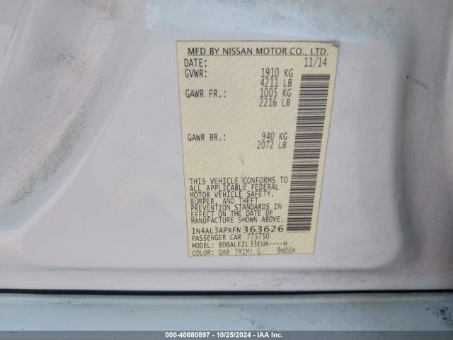 Nissan Altima 2.5 S 2015 1N4AL3APXFN363626 Image 9