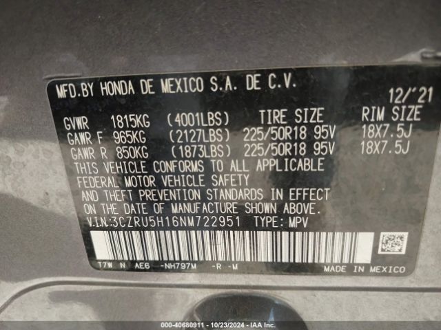 3CZRU5H16NM722951 Honda Hr-v 2wd Sport