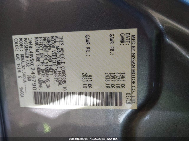 Nissan Altima 2.5 S 2019 1N4BL4BV5KC249790 Image 9