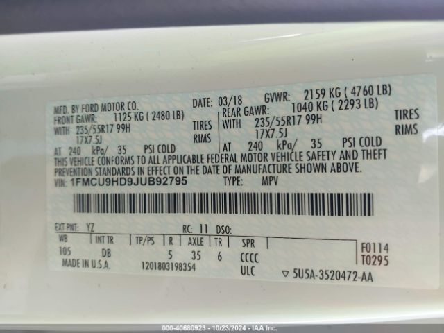 1FMCU9HD9JUB92795 Ford ESCAPE SEL
