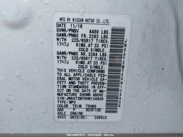 JN8AT2MT8HW134909 Nissan ROGUE S