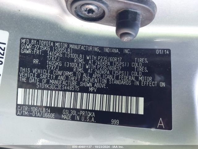 5TDYK3DC3ES448515 Toyota Sienna Xle V6 8 Passenger