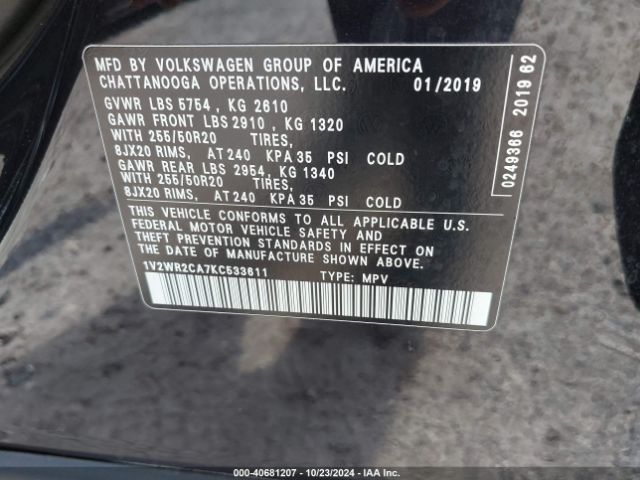1V2WR2CA7KC533611 Volkswagen Atlas 3.6l V6 Se W/technology