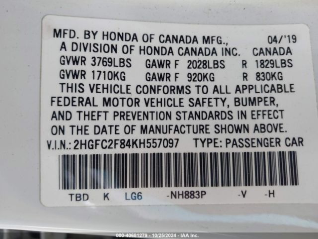 2HGFC2F84KH557097 Honda Civic Sport