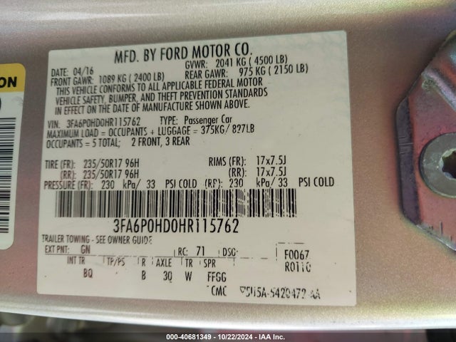Ford FUSION SE 2017 3FA6P0HD0HR115762 Image 9