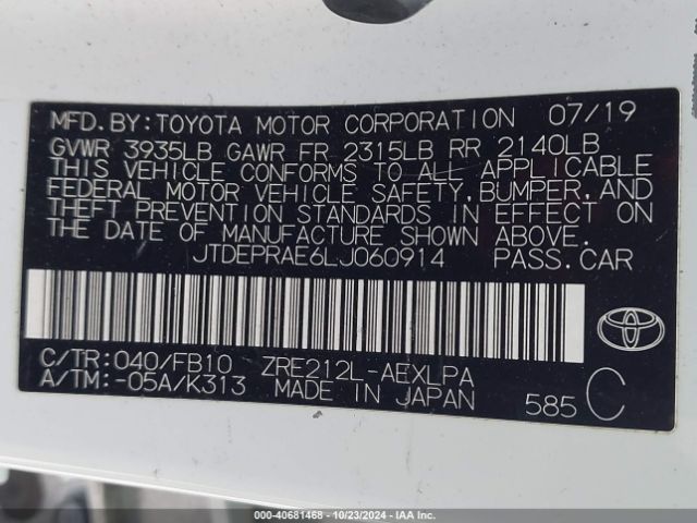 JTDEPRAE6LJ060914 Toyota COROLLA LE