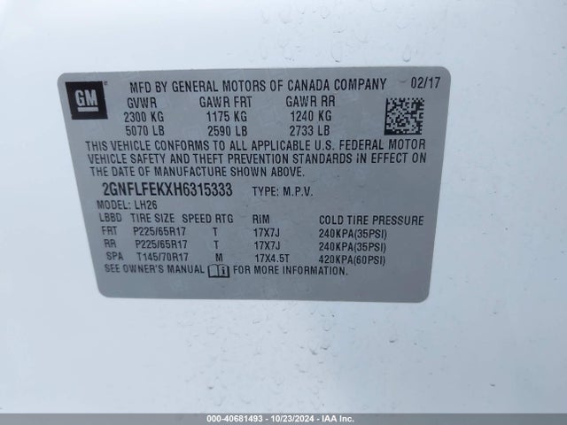 Chevrolet EQUINOX LT 2017 2GNFLFEKXH6315333 Image 9
