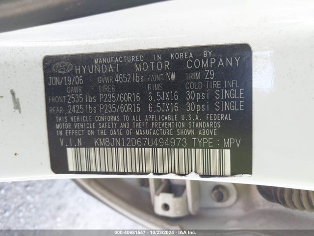 40681547 :رقم المزاد ، KM8JN12D67U494973 vin ، 2007 Hyundai Tucson Limited/se مزاد بيع