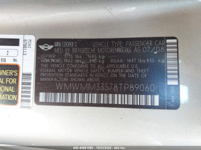 2008 MINI COOPER S CLUBMAN WMWMM33578TP89060 Photo 8