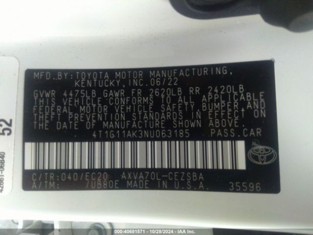 4T1G11AK3NU063185 Toyota Camry Se Nightshade Edition