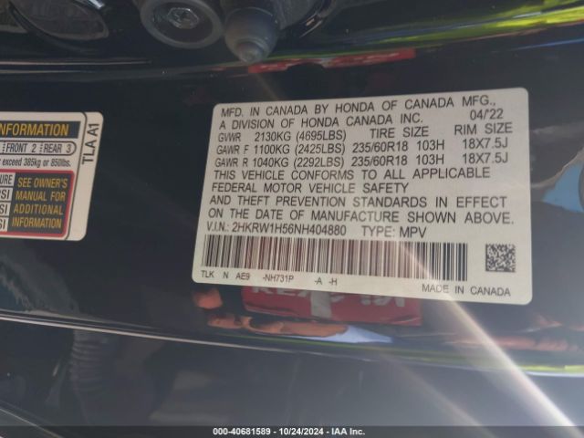 2HKRW1H56NH404880 Honda Cr-v 2wd Ex