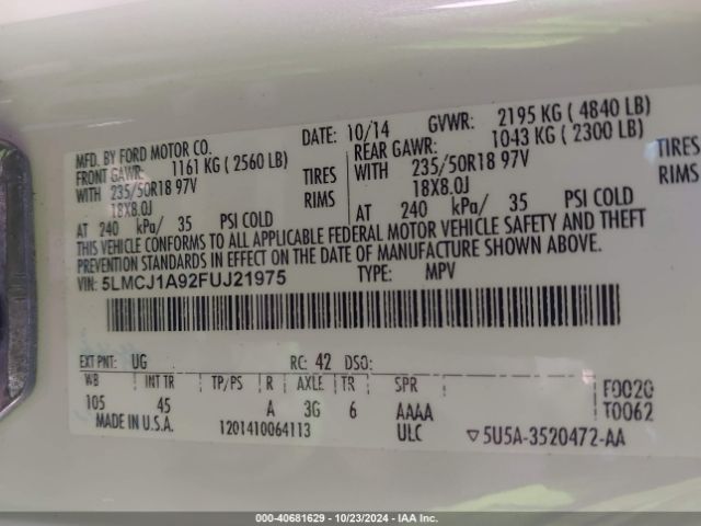 5LMCJ1A92FUJ21975 Lincoln MKC