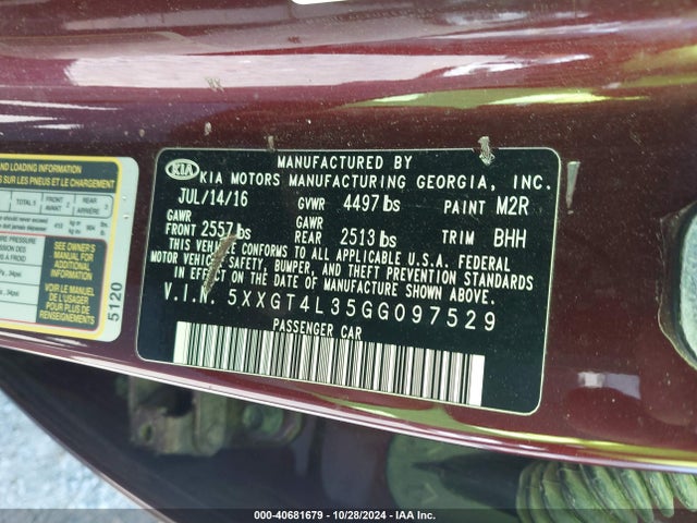40681679 :رقم المزاد ، 5XXGT4L35GG097529 vin ، 2016 Kia Optima Lx مزاد بيع