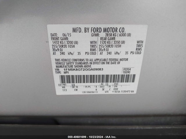 Ford EXPLORER SPORT 2016 1FM5K8GT2GGA09083 Image 9