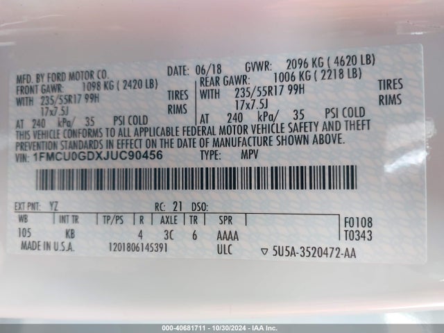 Ford ESCAPE SE 2018 1FM3U0GDXJUC90456 Image 9