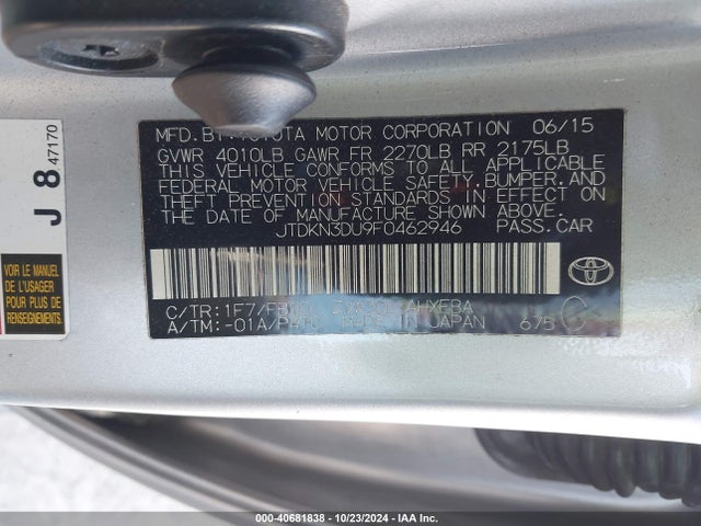 Toyota Prius Two 2015 JTDKN3DU9F0462946 Image 9