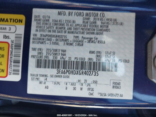 3FA6P0HDXGR402735 Ford FUSION SE