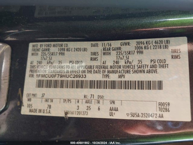 Ford ESCAPE S 2017 1FMCU0F79HUC26933 Image 9