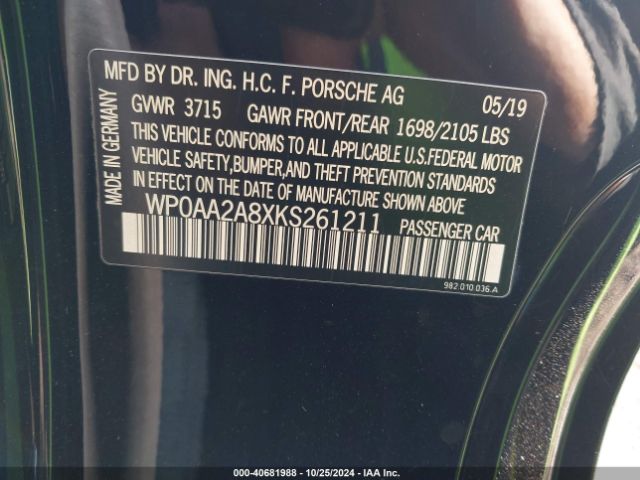 WP0AA2A8XKS261211 Porsche 718 Cayman
