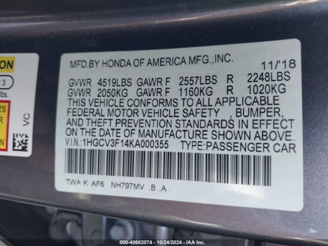 1HGCV3F14KA000355 Honda ACCORD HYBRID