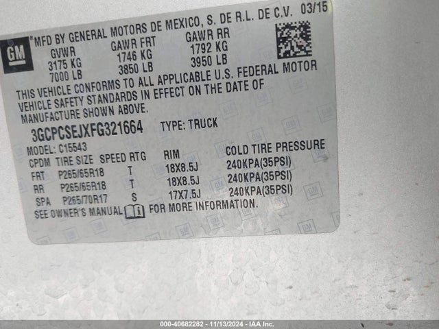 3GCPCSEJXFG321664 Chevrolet Silverado 1500 2lz