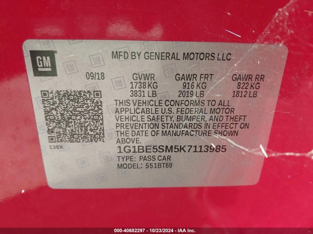 Chevrolet CRUZE LT 2019 1G1BE5SM5K7113985 Image 9