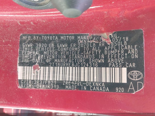 Toyota COROLLA LE 2018 2T1BURHE8JC124316 Image 9