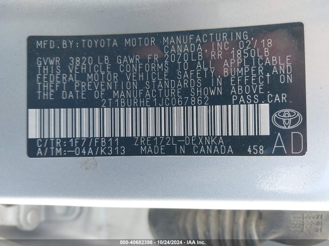 Toyota COROLLA LE 2018 2T1BURHE1JC067862 Image 9