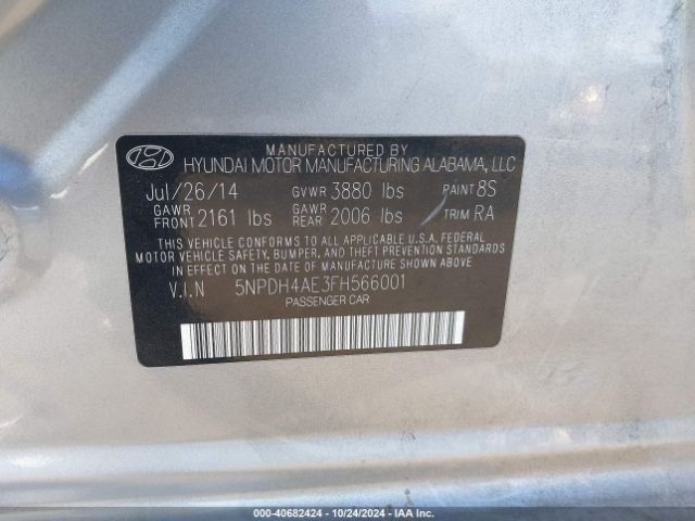 5NPDH4AE3FH566001 Hyundai ELANTRA SE