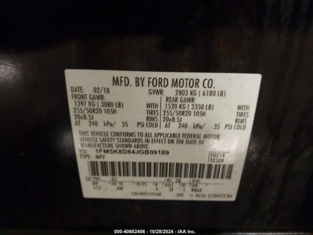 1FM5K8D84JGB09189 Ford EXPLORER XLT