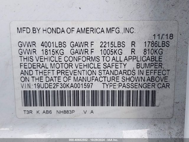 19UDE2F30KA001597 Acura Ilx Standard