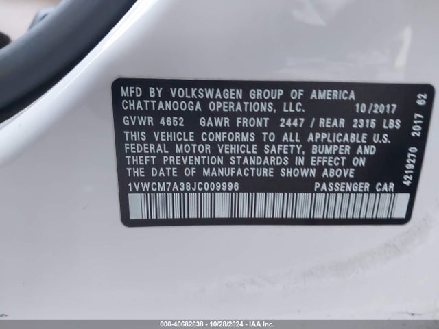 1VWCM7A38JC009996 Volkswagen Passat 3.6l V6 Sel Premium