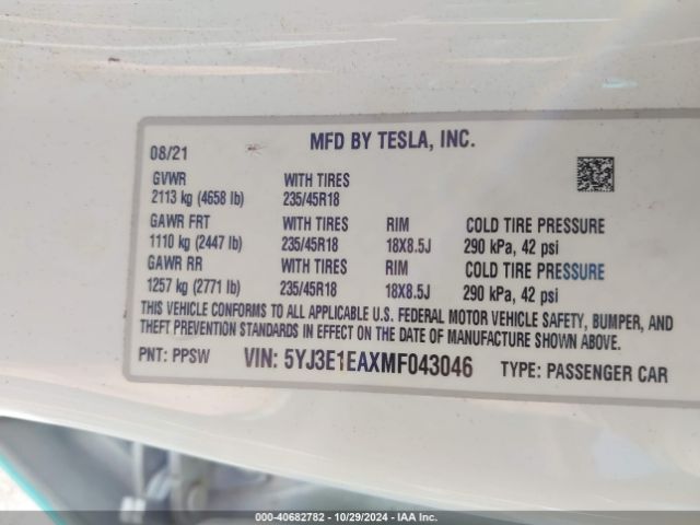 5YJ3E1EAXMF043046 Tesla Model 3 Standard Range Plus Rear-wheel Drive