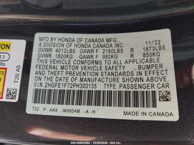 Honda Civic Ex /ex W/o Bsi 2023 2HGFE1F72PH300135 Image 9