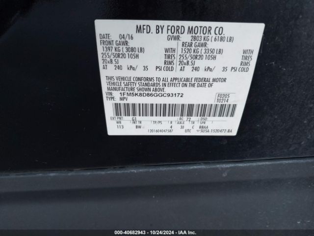 1FM5K8D86GGC93172 Ford EXPLORER XLT