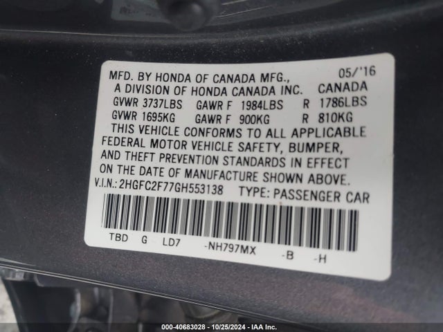 Honda CIVIC EX 2016 2HGFC2F77GH553138 Image 9