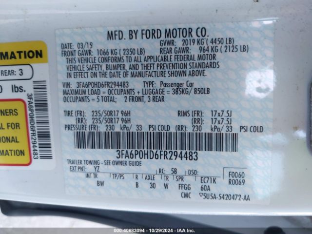 3FA6P0HD6FR294483 Ford FUSION SE