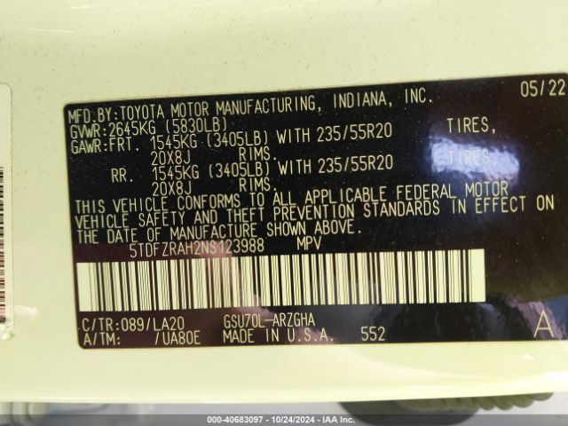 5TDFZRAH2NS123988 Toyota Highlander Platinum