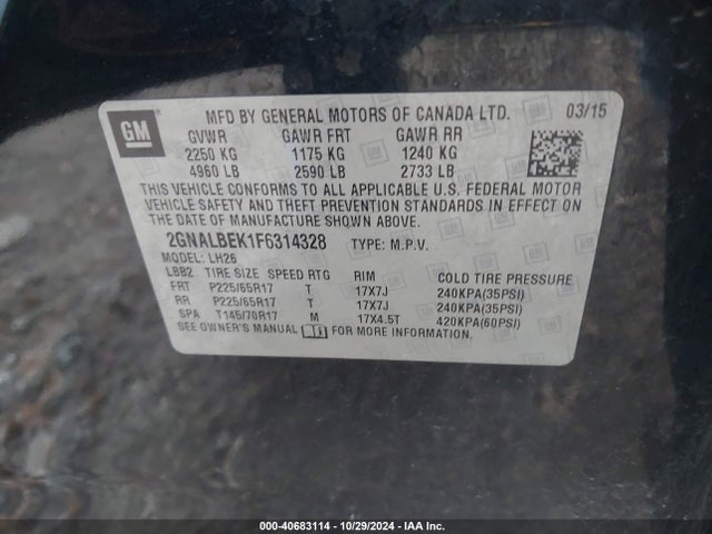 Chevrolet EQUINOX 1LT 2015 2GNALBEK1F6314328 Image 9