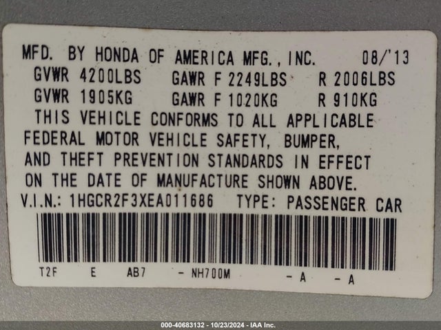 Honda ACCORD LX 2014 1HGCR2F3XEA011686 Image 9