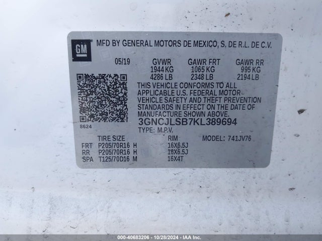 Chevrolet Trax Lt 2019 3GNCJLSB7KL389694 Image 9