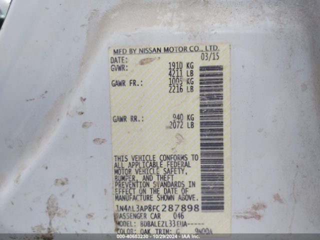 Nissan Altima 2.5 S 2015 1N4AL3AP8FC287898 Image 9