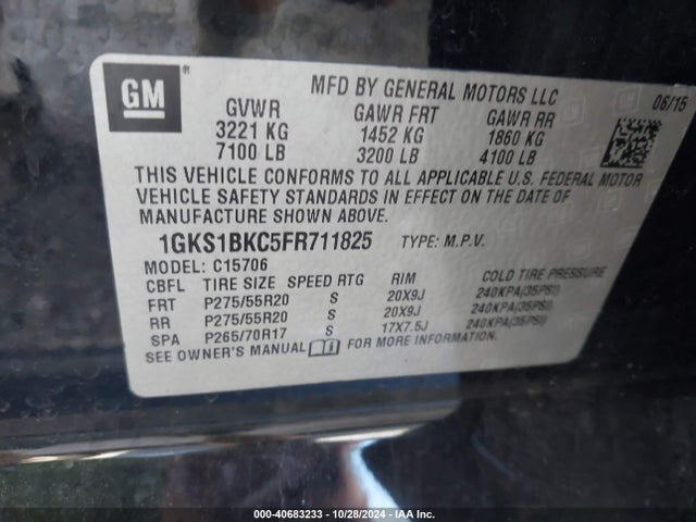 1GKS1BKC5FR711825 GMC YUKON SLT