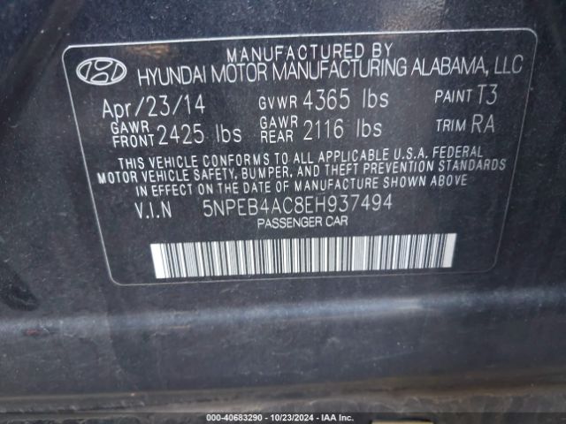 5NPEB4AC8EH937494 Hyundai SONATA GLS
