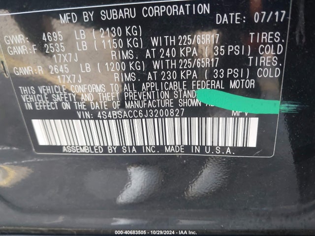 Subaru Outback 2.5i Premium 2018 4S4BSACC6J3200827 Image 9
