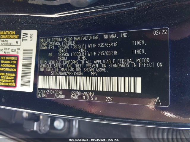 Toyota Highlander Xle 2022 5TDGZRAH2NS545084 Image 9
